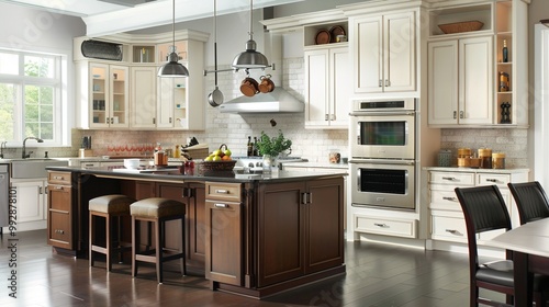 A modern, minimalist kitchen with sleek white countertops and stainless steel appliances