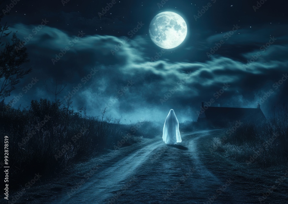 Fototapeta premium Ghostly Figure Roaming Under Moonlit Sky
