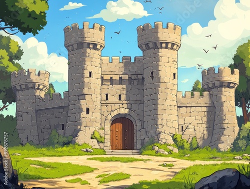 Fantasy medieval castle illustration featuring a stone palace ancient tower and ornate entrance gate designed in a 2D cartoon style suitable for games or graphic projects