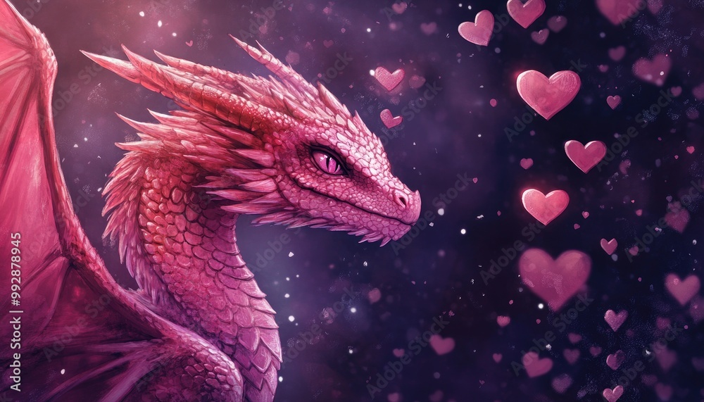 Obraz premium Fantasy illustration featuring a pink dragon against a dark backdrop adorned with hearts