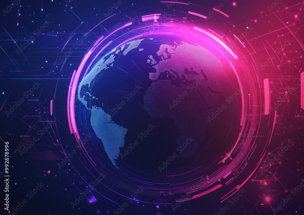 Global technology network featuring a circular neon light effect in a 2D cartoon style background Global technology network featuring a circular neon light effect in a 2D cartoon style background