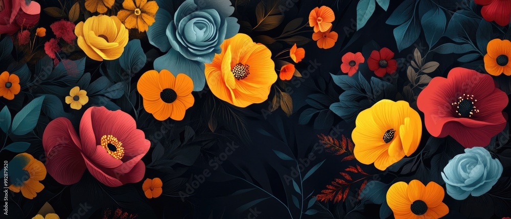 Surreal floral design in a 2D cartoon style featuring vibrant blooms against a dark backdrop Surreal floral design in a 2D cartoon style featuring vibrant blooms against a dark backdrop