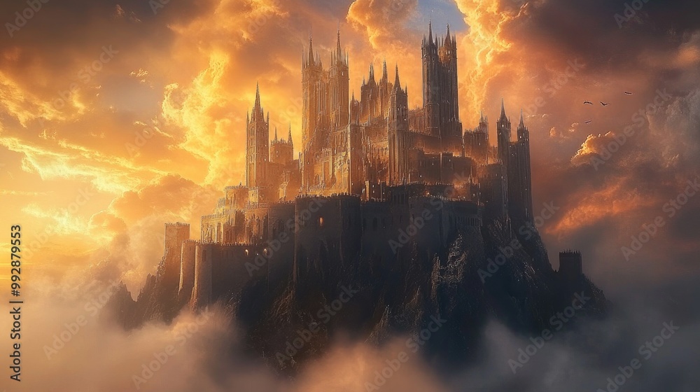 Fototapeta premium Fantasy medieval castle with towering structures and intricate architectural details set against a dramatic sky