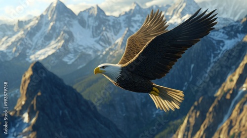 A majestic eagle soaring over snow-capped mountains at sunset, showcasing nature's beauty.