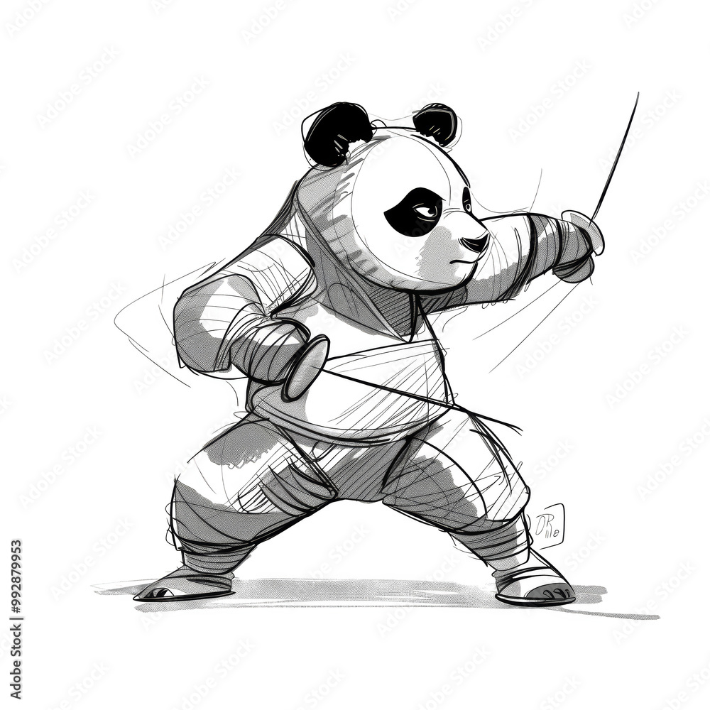 Fototapeta premium A cartoon panda wearing a black and white martial arts uniform, with a sword in each hand, in a fighting pose.
