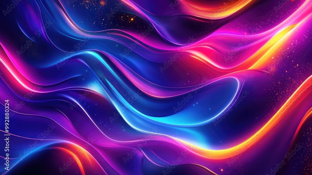 Glowing fluid wave lines in vibrant neon colors representing magical energy and abstract concepts perfect for wallpaper design or 2D cartoon illustration Glowing fluid wave lines in vibrant neon colors representing magical energy and abstract concepts perfect for wallpaper design or 2D cartoon illustration
