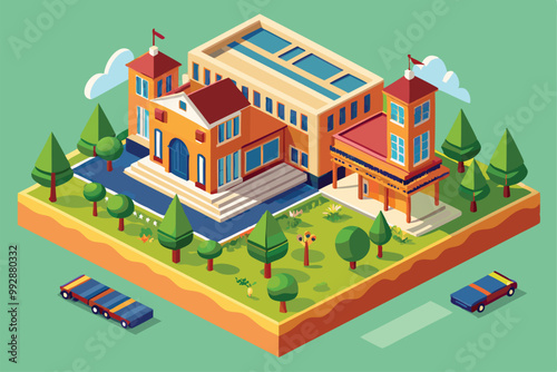 The illustration showcases a lively orphanage with spacious facilities surrounded by trees and playground areas, Customizable isometric illustration of an orphanage.