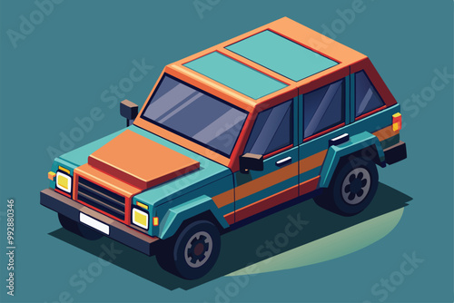A brightly colored isometric SUV design showcases modern customization options and geometric shapes, Customizable isometric illustration of an SUV car.