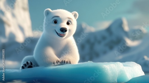 A cute cartoon polar bear sitting on an ice floe in a snowy landscape.