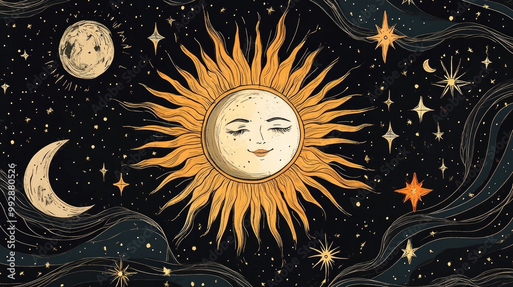 Celestial illustration featuring the sun moon and stars Celestial illustration featuring the sun moon and stars