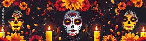 Marigolds and candles framing sugar skulls, Calaveras, and Catrina makeup on women and men, flat design illustration