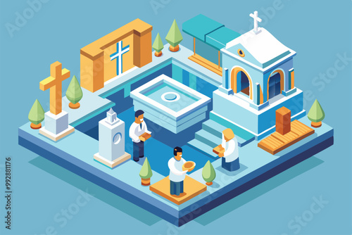 A peaceful gathering for baptism takes place in a beautifully designed garden area during daylight hours, Customizable isometric illustration of baptism.
