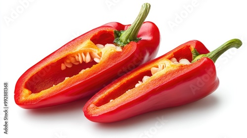 Two red bell peppers cut in half, one showing seeds and one with seeds removed.