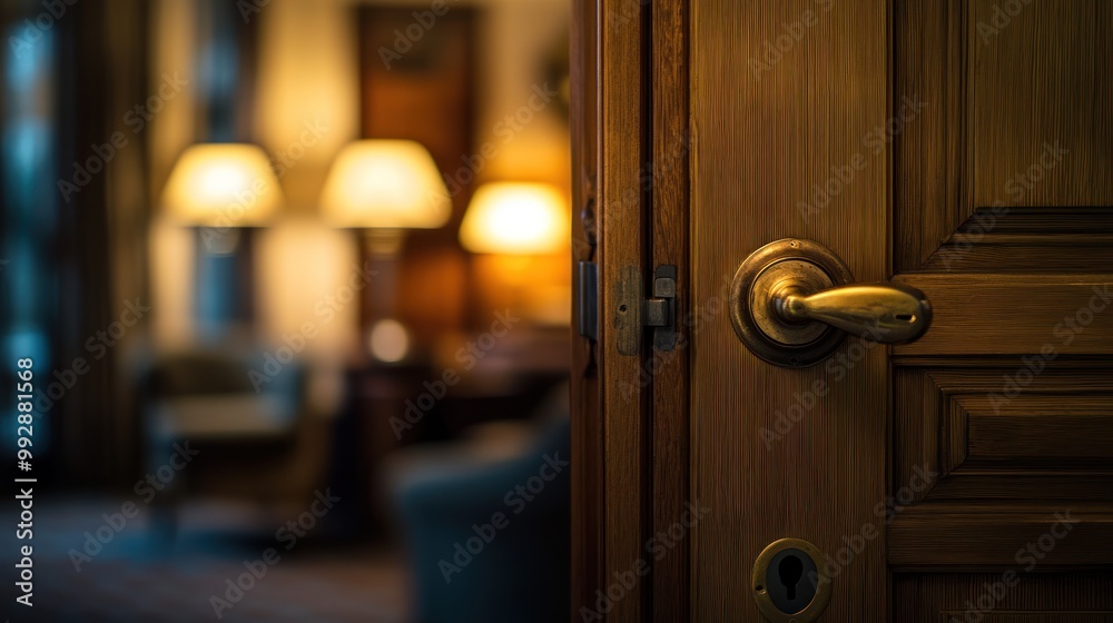 A partially open wooden door reveals a softly lit interior with warm lighting. A partially open wooden door reveals a softly lit interior with warm lighting.