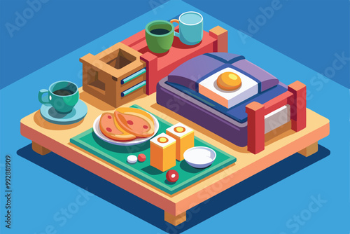 Bright breakfast items including pancakes, eggs, and drinks create a welcoming morning atmosphere, Customizable isometric illustration of breakfast