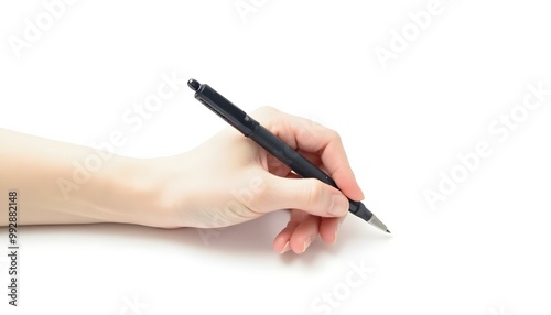 Left hand holding a pen writing isolated on a white background photo