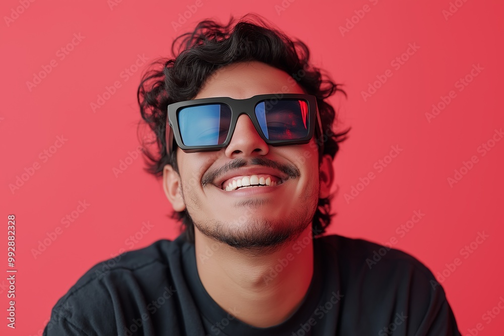 Man wearing 3D glasses. He is looking at the camera. The background is red. The glasses are black. young adult hispanic crazy man with 3d cinema glasses Man wearing 3D glasses. He is looking at the camera. The background is red. The glasses are black. young adult hispanic crazy man with 3d cinema glasses