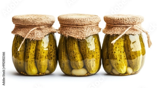 Three jars of pickled cucumbers with burlap lids and twine ties, isolated on white background.