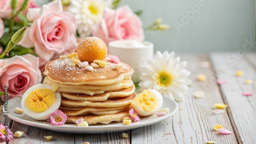 Easter breakfast with pancakes, boiled eggs, and fresh flowers on a rustic table