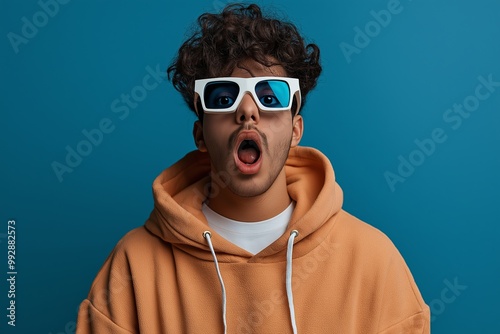 Man wearing 3D glasses. He is looking at the camera. The background is blue. The glasses are black. young adult hispanic crazy man with 3d cinema glasses