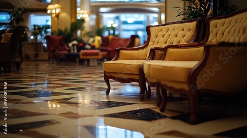 Elegant seating area with plush chairs and patterned flooring in a luxurious lobby.