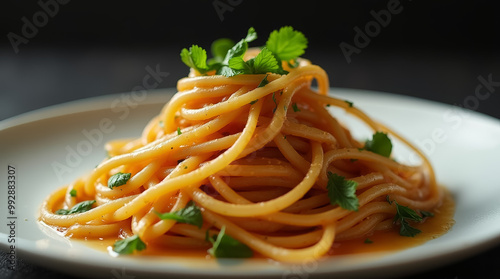 A plate of pasta topped with fresh herbs creates a visually appealing dish. The cooked spaghetti is coated in a light sauce, inviting a tasty experience