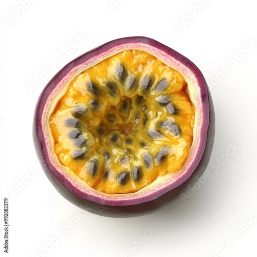 A halved passion fruit showcasing its vibrant pulp and seeds.