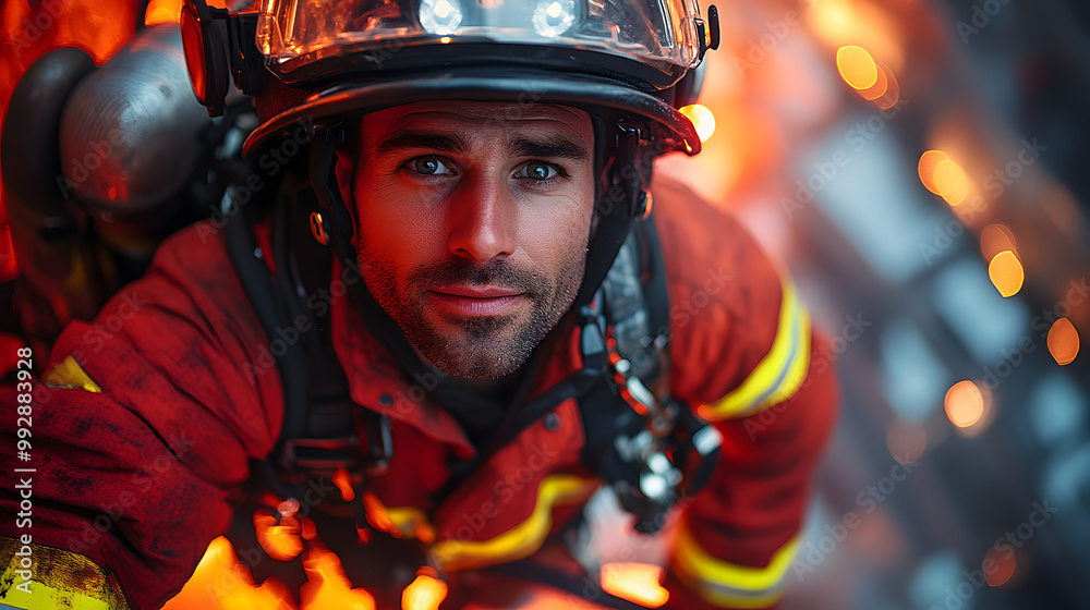 A Firefighter in Full Gear Slides Down a Firestation Pole, Demonstrating Readiness and Urgency in Response to an Emergency Situation, Showcasing Courage and Commitment
