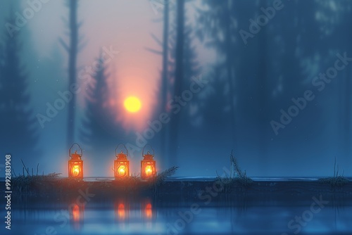 Three glowing lanterns of different sizes sit on a wooden surface, with a dark, eerie forest and a cloudy sunset in the background. The scene evokes a spooky Halloween atmosphere. photo