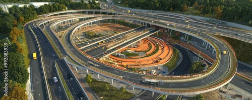 Detailed image of a major highway expansion project, focusing on the construction of additional lanes and improved interchanges photo