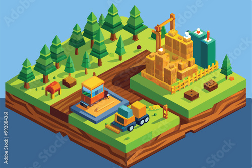 A detailed isometric view depicting deforestation activities with machinery in a lush green forest setting, Customizable isometric illustration of deforestation.