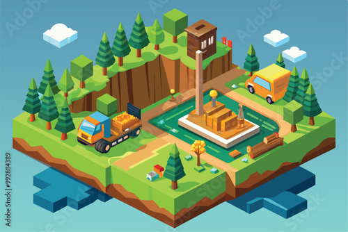 A vibrant isometric landscape depicts deforestation with vehicles, trees, and a changing environment, Customizable isometric illustration of deforestation.