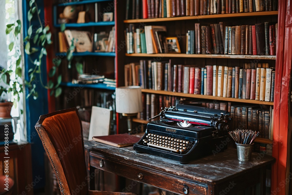 A charming office adorned with retro furnishings, showcasing a classic typewriter and vibrant shelves brimming with timeless literature. A charming office adorned with retro furnishings, showcasing a classic typewriter and vibrant shelves brimming with timeless literature.