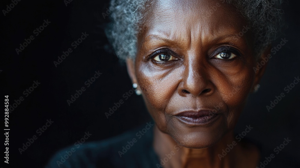 Fierce and defiant senior woman with dark skin gazing directly at the viewer Fierce and defiant senior woman with dark skin gazing directly at the viewer