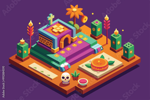 A colorful altar displays traditional offerings for Da de Muertos, featuring candles, flowers, and food, Customizable Isometric Illustration of Dia de Muertos Altar
