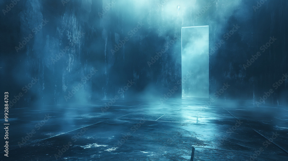 Obraz premium Vintage blue empty room with textured walls and open door, abstract background. Generative AI