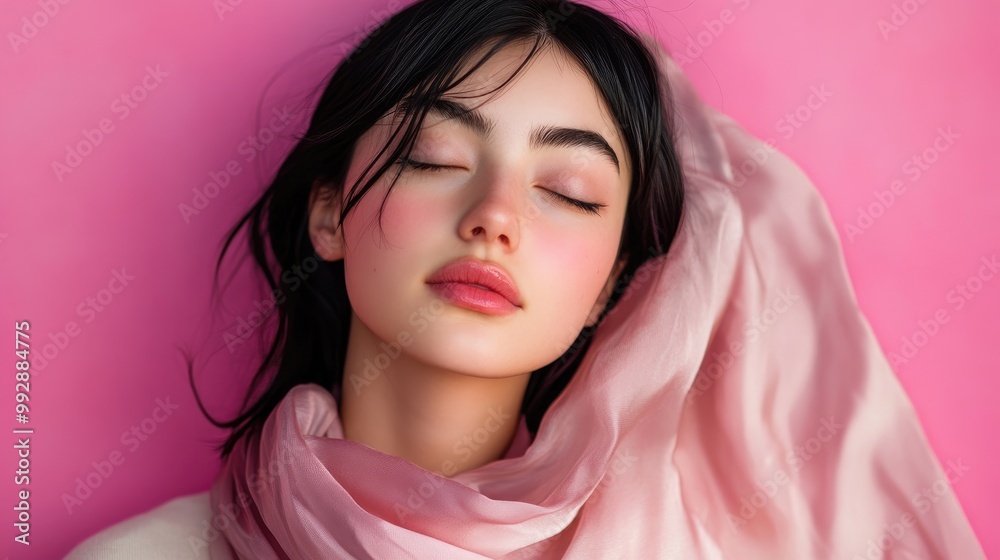 Beauty portrait of a young woman with black hair wearing a silk scarf against a pink backdrop Beauty portrait of a young woman with black hair wearing a silk scarf against a pink backdrop