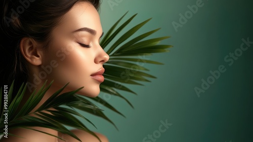 An elegant woman stands sideways with her eyes closed gently holding a green palm leaf near her face photo