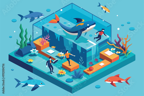 Explore an engaging underwater diving illustration showcasing divers interacting with vibrant sea creatures, Customizable isometric illustration of diving with sharks.