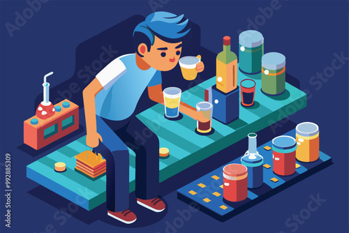 A young man sits comfortably, mixing drinks with various colorful ingredients at a stylish bar, Customizable isometric illustration of drinking shots.