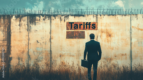 A businessman holding a briefcase, standing in front of a large fence labeled 