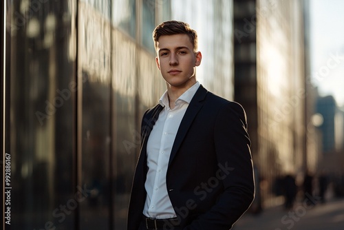 A charismatic young man in a sleek tailored suit radiates confidence and elegance against a dynamic city backdrop.