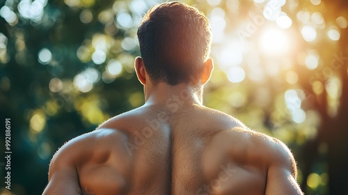 Muscular Man Back, Sunlit Back, Strong Body, Back Muscles, Summer Sun photo