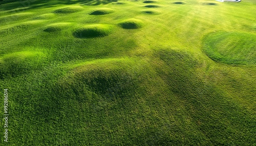 Green grass texture. Golf course view from above. The background is a lush football lawn photo