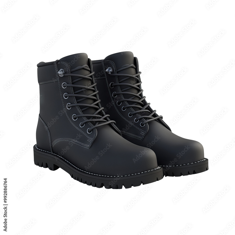 Black lace-up boots on a white isolate background, Transparent Background Black lace-up boots on a white isolate background, Transparent Background