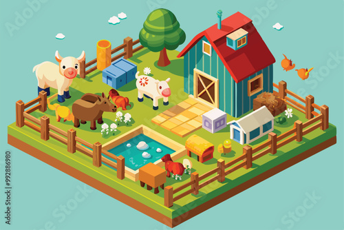 A detailed isometric farm layout featuring diverse animals, barns, and a tranquil pond surrounded by greenery, Customizable isometric illustration of farm animals.