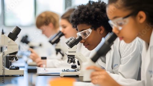 Young Student Using a Microscope in a Science Lab