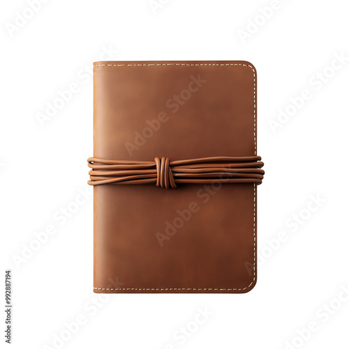 Brown leather notebook with tie, white isolated background, Transparent Background