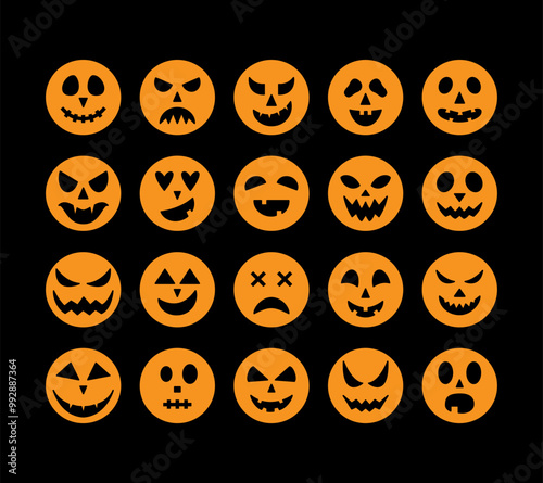 Different Scary Faces Set. Jack O Lantern Emoticons Variation. Collection of Spooky Design Elements for 31 October. Funny Emotions for Pumpkin Characters Bundle.