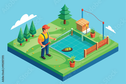 A person stands by a tranquil pond, fishing in a peaceful outdoor environment surrounded by trees, Customizable isometric illustration of fishing with a net.